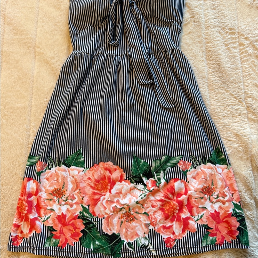 NOBO Black and White Striped Mini Dress with Floral Design